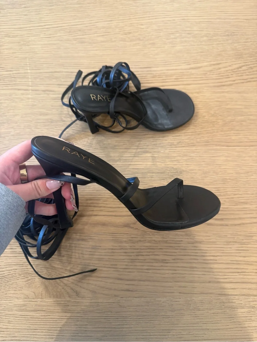 RAYE Black Lace-Up Toe-Loop Heel Sandals
